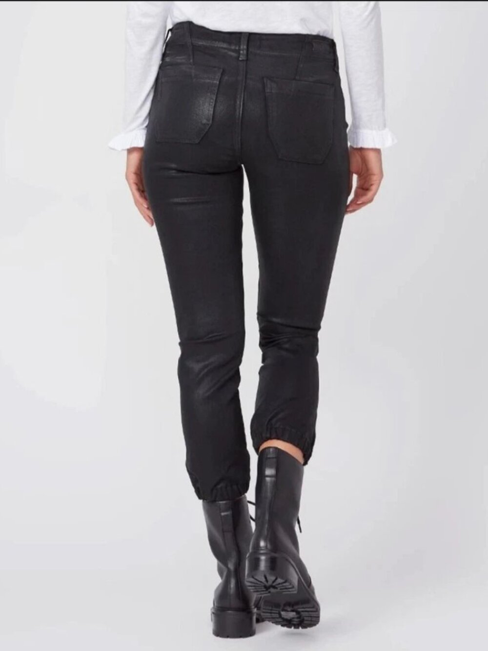 Paige Joggers MAYSLIE Wax Coated brute denim Joggers Black Cropped Ankle 34 EUC